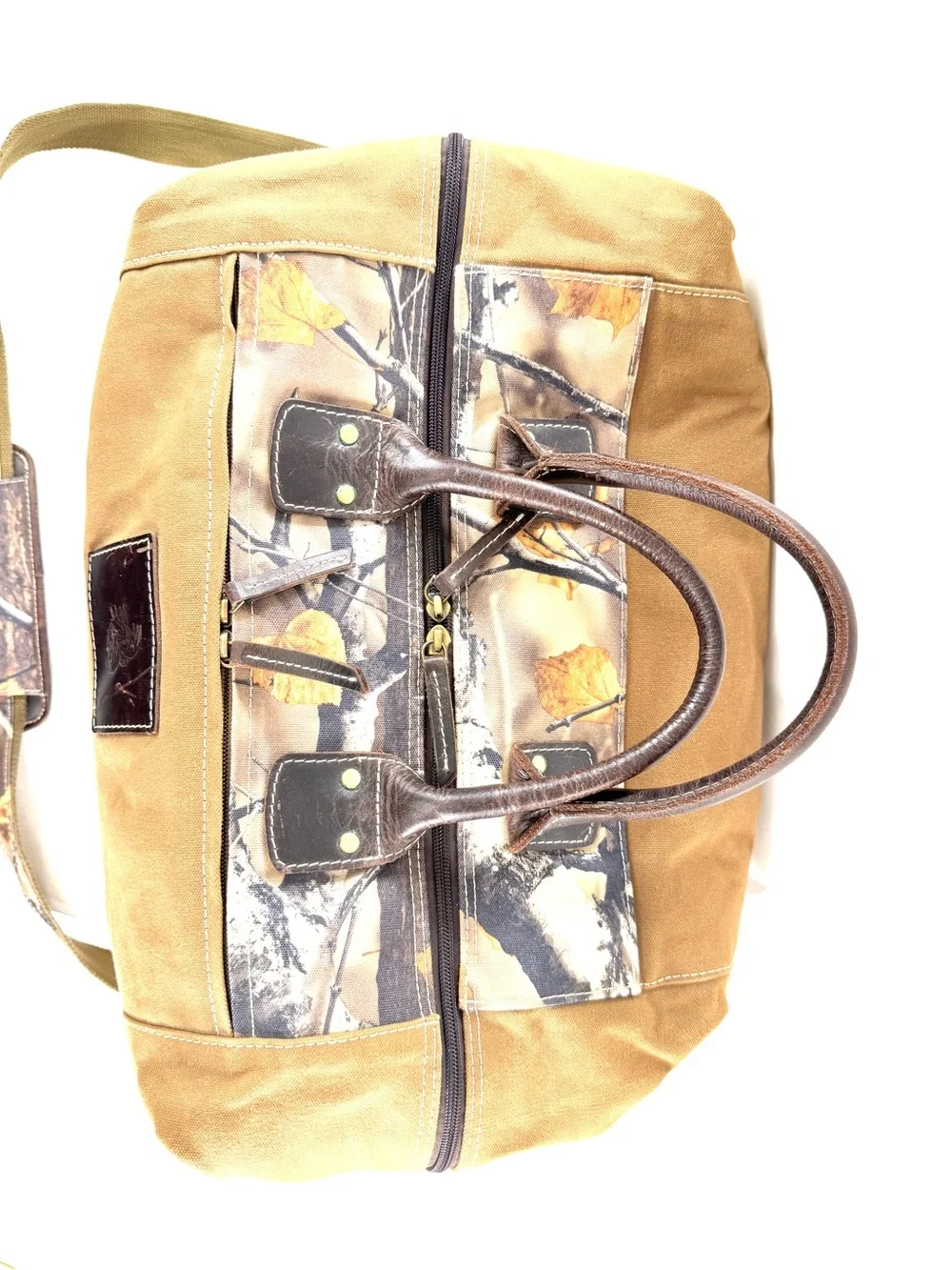 Tree Camo Brown Waxed Cotton Leather XL Hunting 2 Layer Zip Around Bag Outdoors